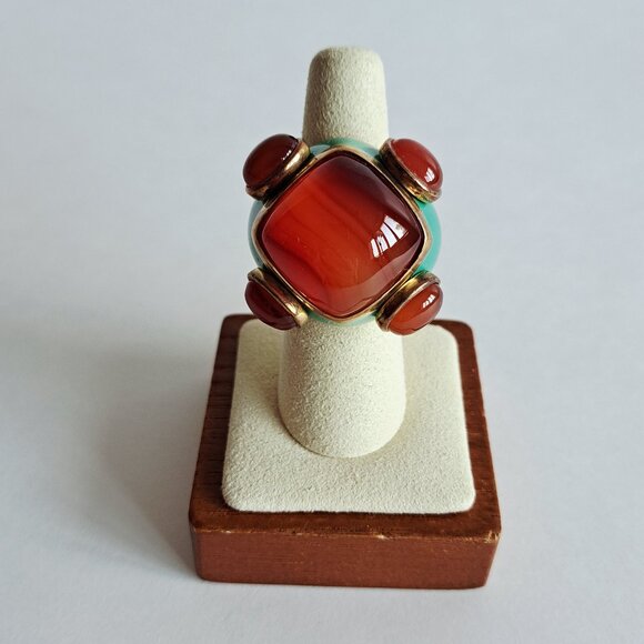 New Angelique de Paris Large Square Orange Natural Stones Blue Ring Size 7 - Picture 4 of 17